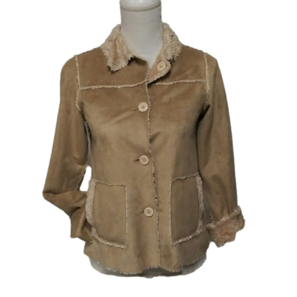 Reverse Vintage Tan Suede Faux Fur Collared Long Sleeve Button Up Jacket Coat - Picture 1 of 8